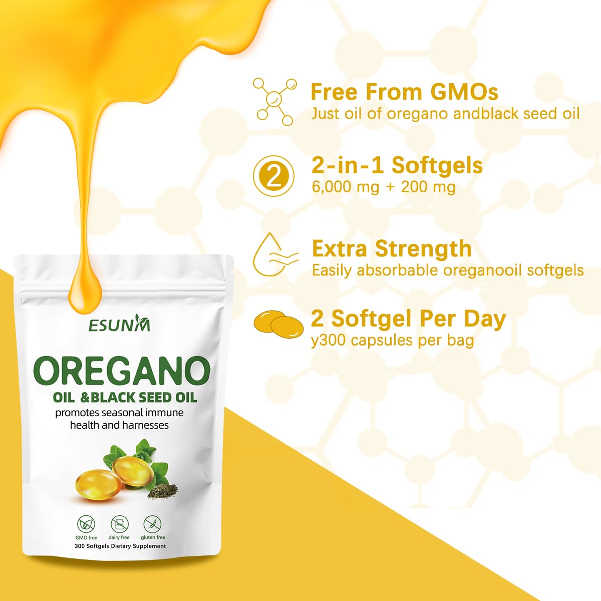ESUNM Oregano Softgels with Black Seed Oil 300 Softgel Capsules