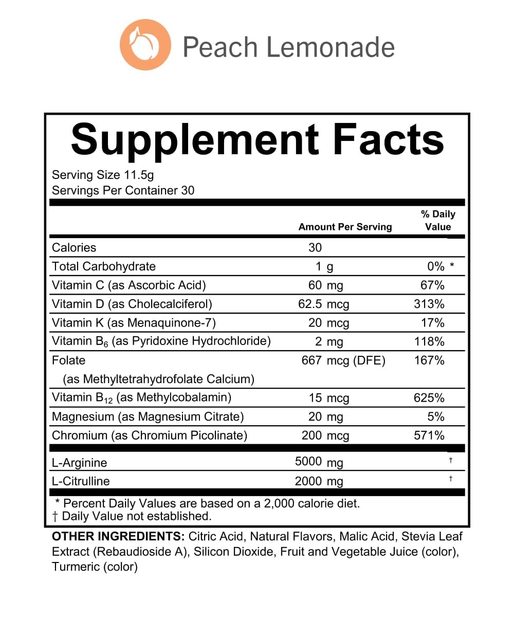 Fenix Nutrition L-Arginine Complete Powder, Peach Lemonade, 1 Ounce