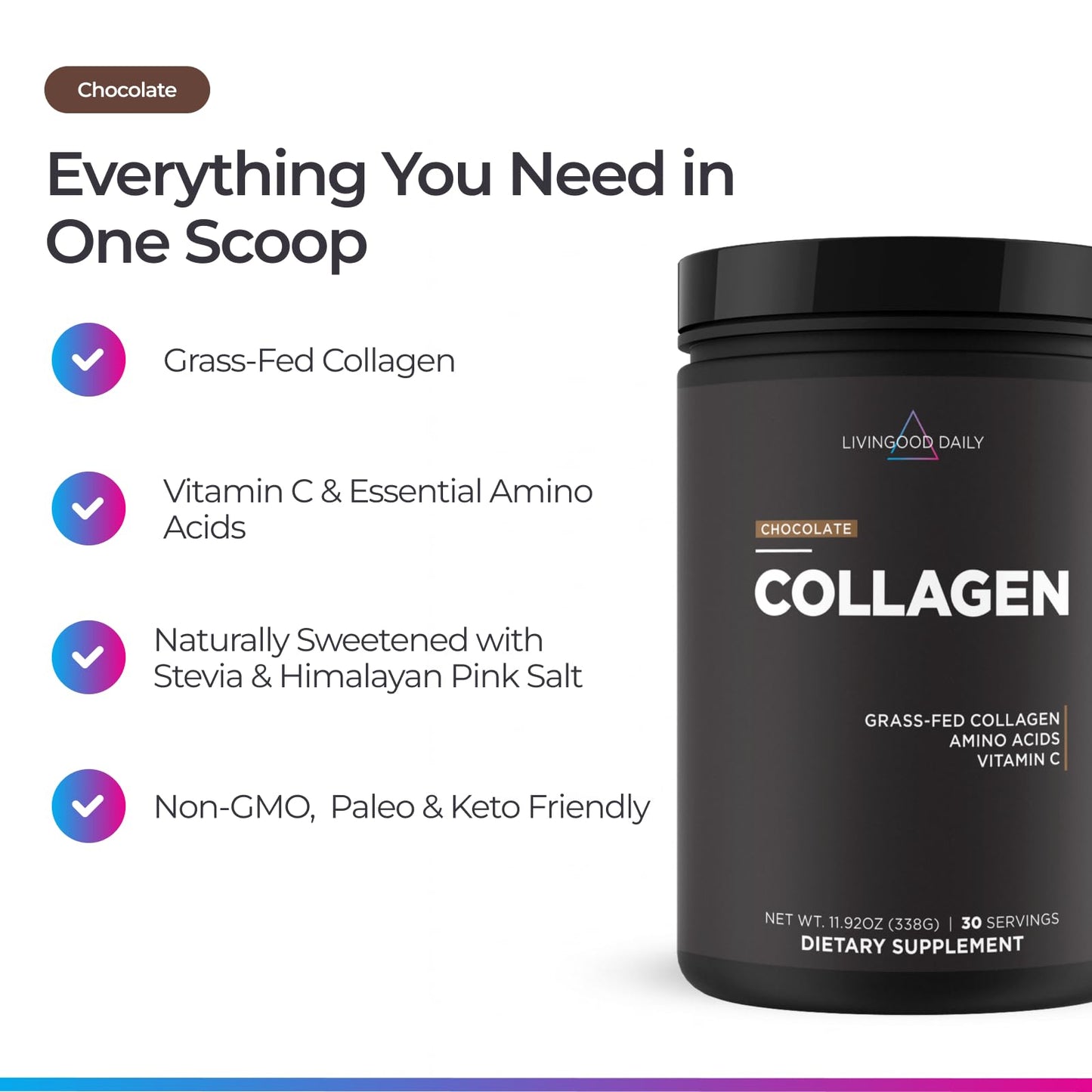 Livingood Daily Chocolate Collagen Peptides Powder, Type I & III, 30 Serv, 12.34
