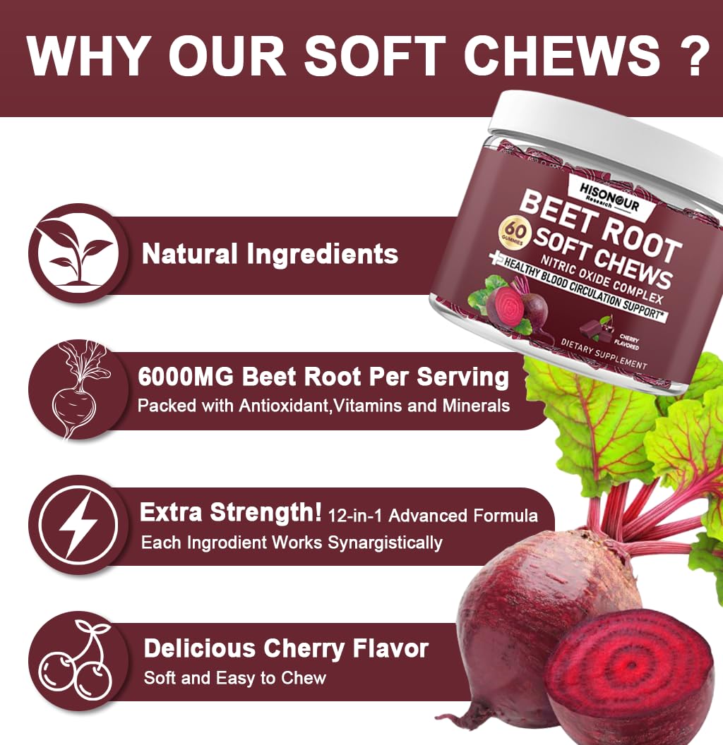 Hisonour Research Beetroot Soft Chews Chewable 60 Count