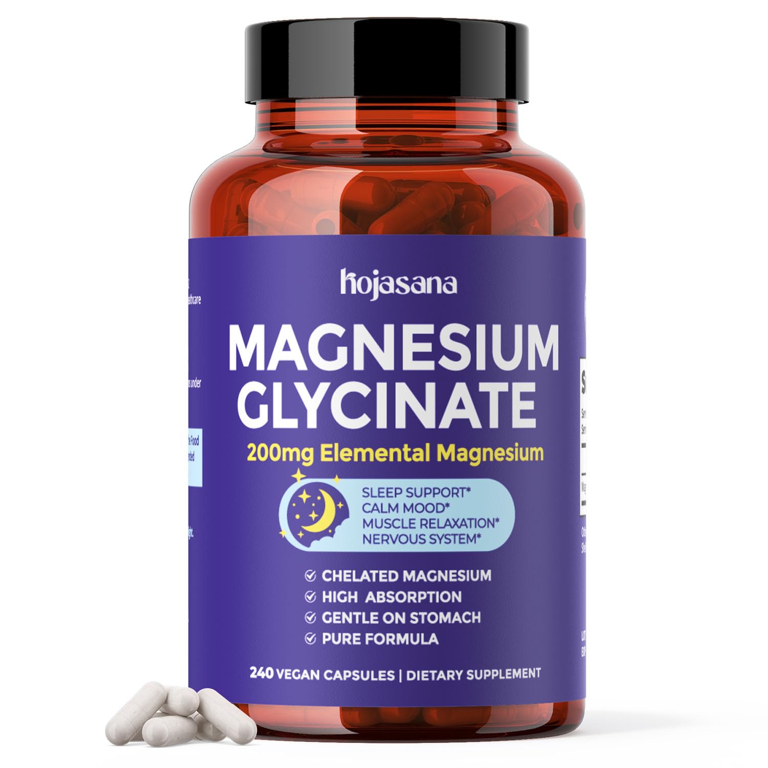 HojaSana Gentle Magnesium Glycinate 200mg Chelated High Absorption Capsules 120 Count