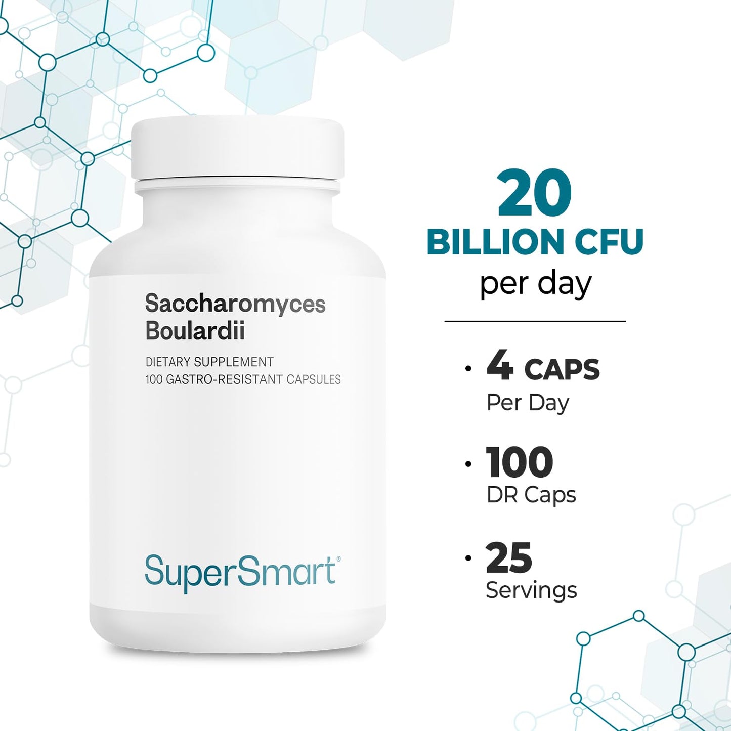 Supersmart Saccharomyces boulardii 20 Billion CFU per Day Probiotic Supplement, 100 Capsules