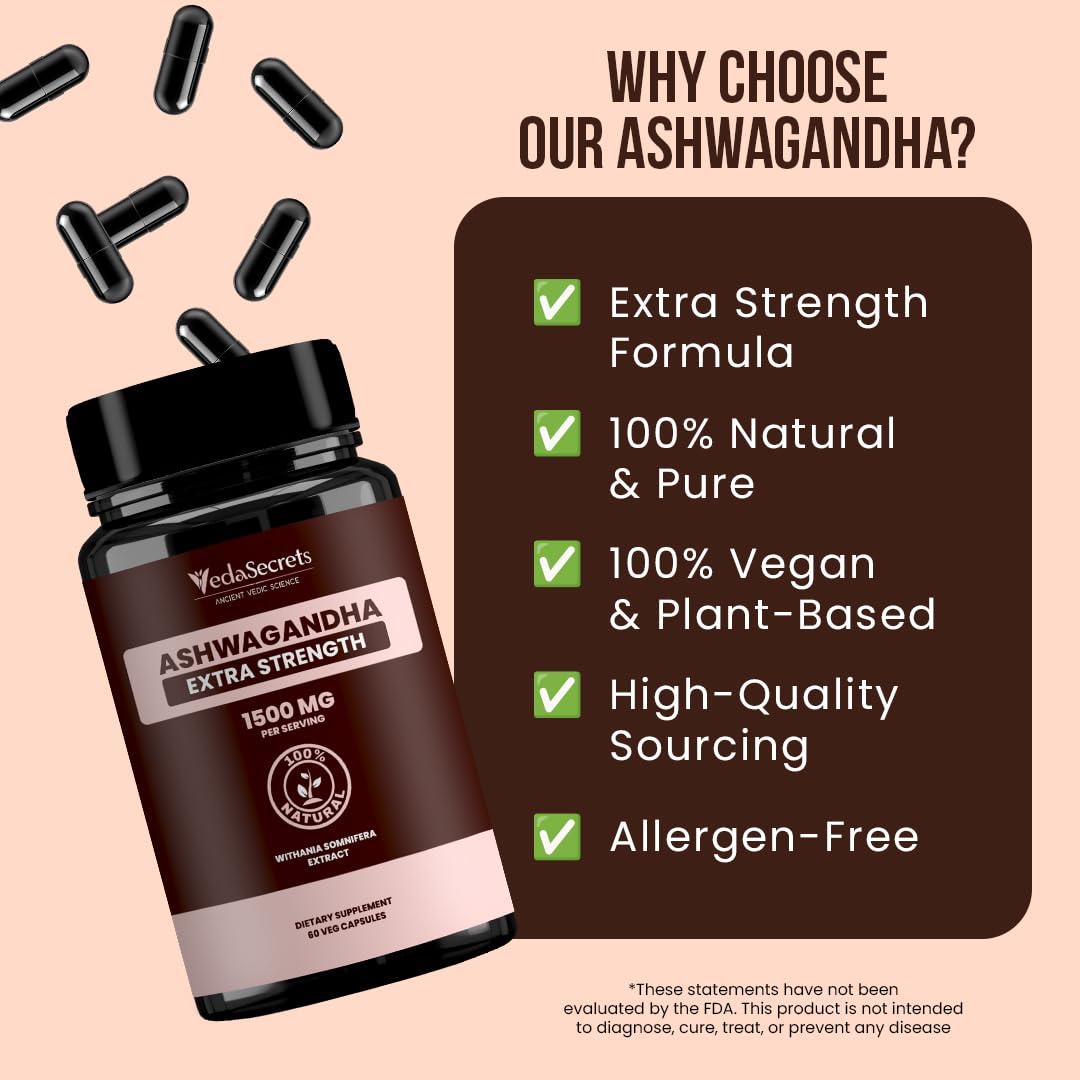 VedaSecrets Ashwagandha Herbal Supplement 1000mg Capsules, 60 Count