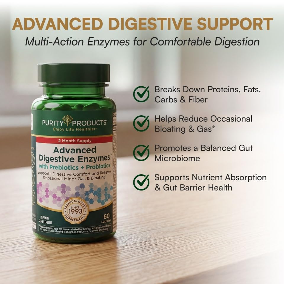 Purity Products Advanced Digestive Enzymes with Probiotics & Prebiotics Digestive Health Supplement for Bloating, Gas Relief & Gut Support Plant-Based Enzymes + 1.5B CFUs Capsules 60