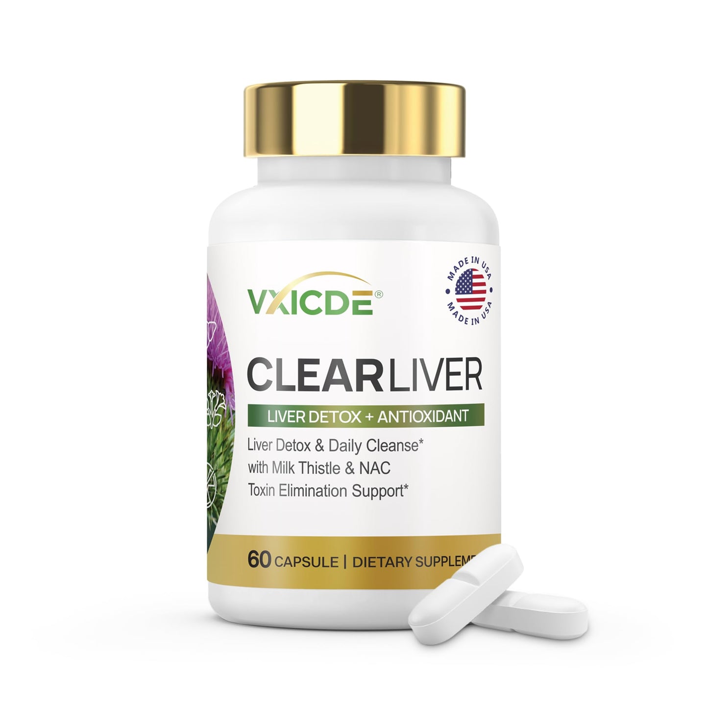 VXICDE ClearLiver Milk Thistle & NAC Supplement – Liver Wellness & Antioxidant Support with Dandelion Root & Alpha Lipoic Acid, 60 Capsules
