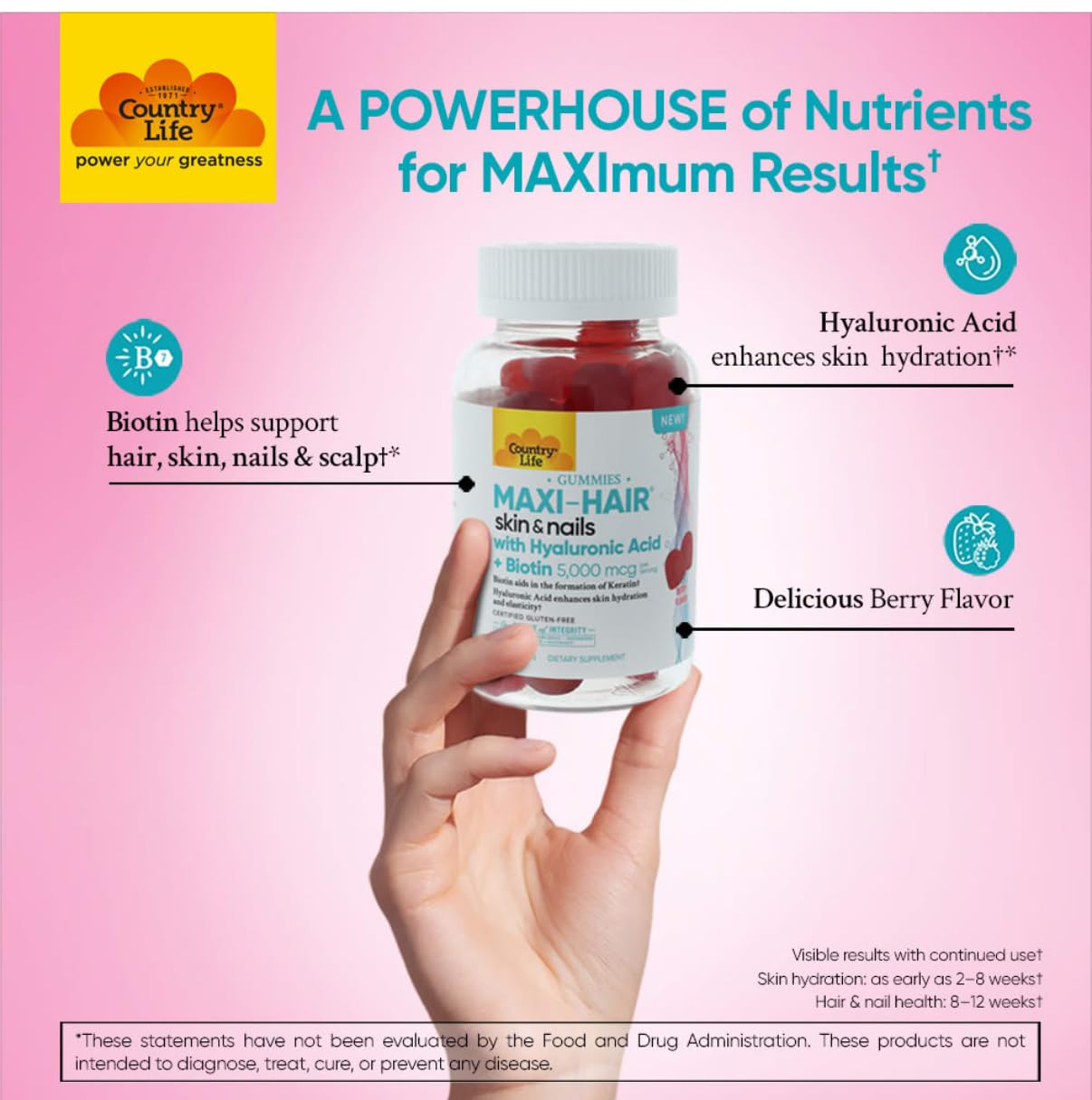 Country Life Maxi-Hair Skin & Nails Gummies with Hyaluronic Acid & Biotin 5,000 mcg – Supports Hair Growth, Skin Hydration & Nail Strength – Vegan, Gluten Free – 60 Gummies