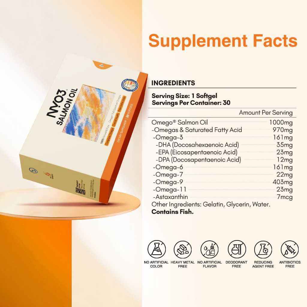 NYO3 97% Salmon Oil 1000mg with Omega 3-6-9-11 & EPA & DHA Complete Omega, 30 Capsules