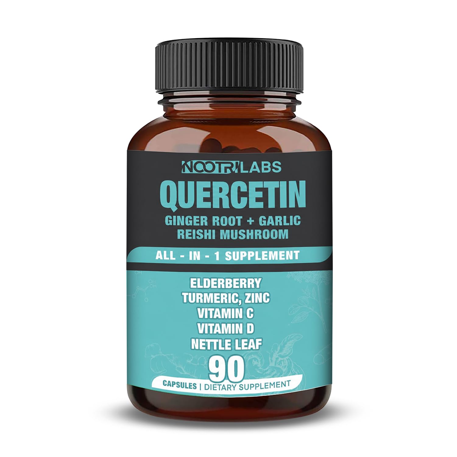 Nootrilabs Naturals All-in-1 Highest Potency Quercetin, Elderberry, Turmeric, Reishi Mushroom, Vitamin C, D, Ginger Root, Zinc, Nettle Leaf - Immune, Antioxidant & Overall Health Support, 90 Vegan Capsules