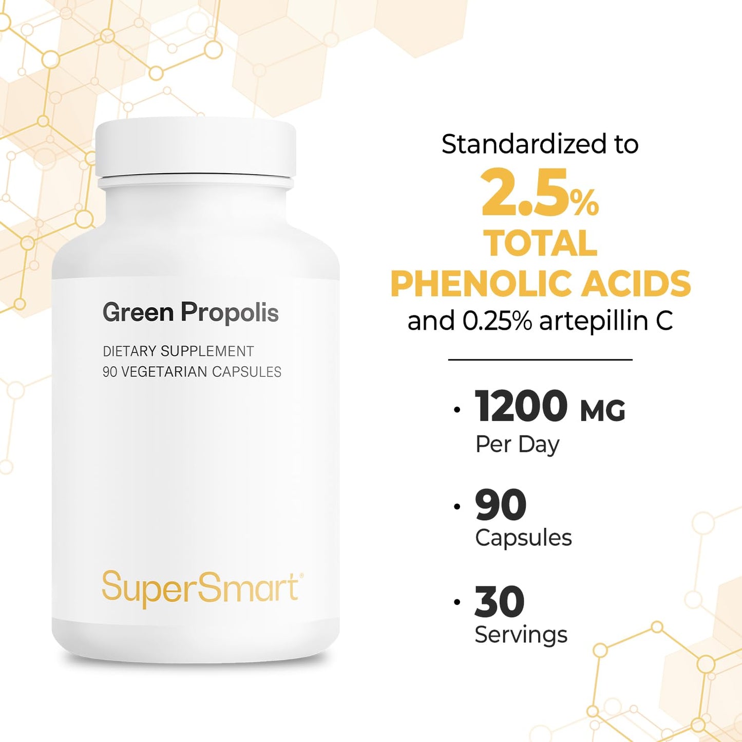 Supersmart Green Propolis Supplement 1200mg per Day (Patented) Natural Green Propolis Extract Brazil 90 Vegetarian Capsules