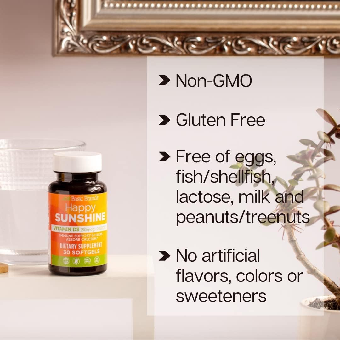 Basic Brands Happy Sunshine Vitamin D3 Softgels 2000IU, 30 Count