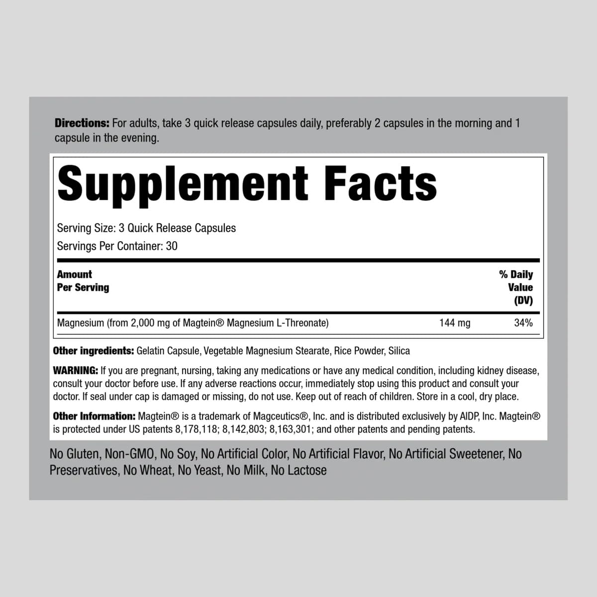 Piping Rock Magnesium L-Threonate Capsules 2000 mg, 90 Count
