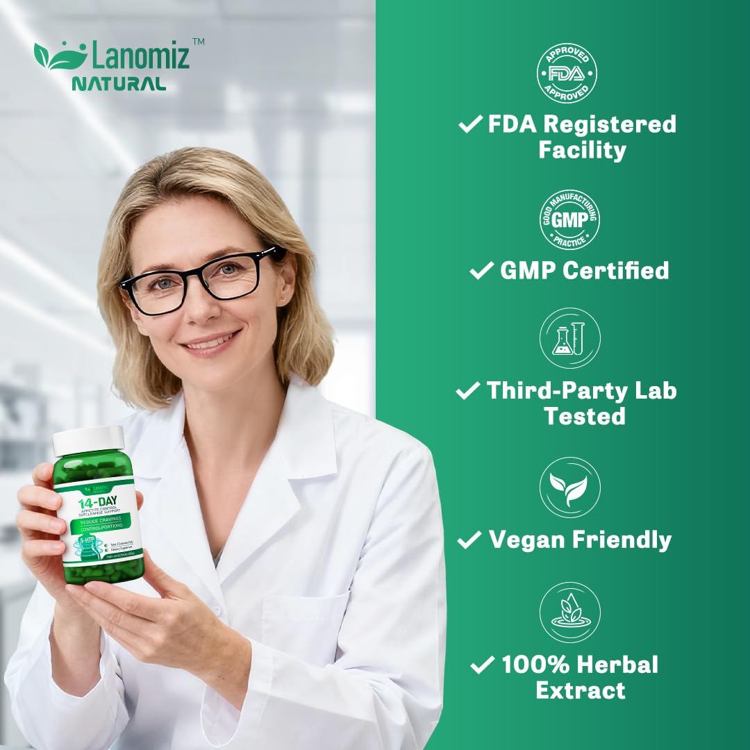 Lanomiz 14DAY Appetite & Craving Control Gut Health Complex Featuring Delayed-Release Probiotics & White Kidney Bean Extract 5-HTP(5-hydroxytryptophan) Capsules, 60 Count