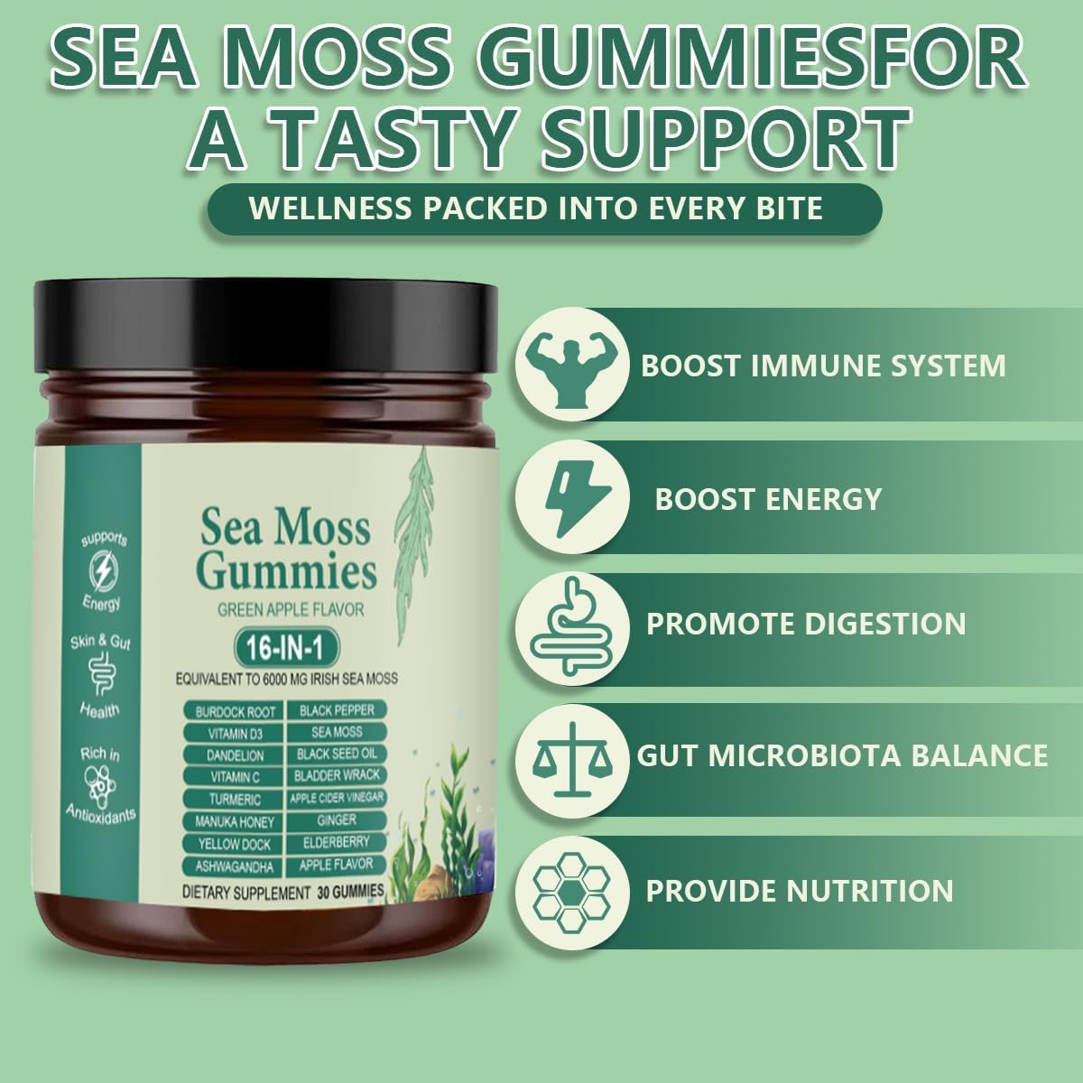 FW ZONE Sea Moss Gummies 16-in-1 with Black Seed Oil, Ashwagandha, 60 Gummies