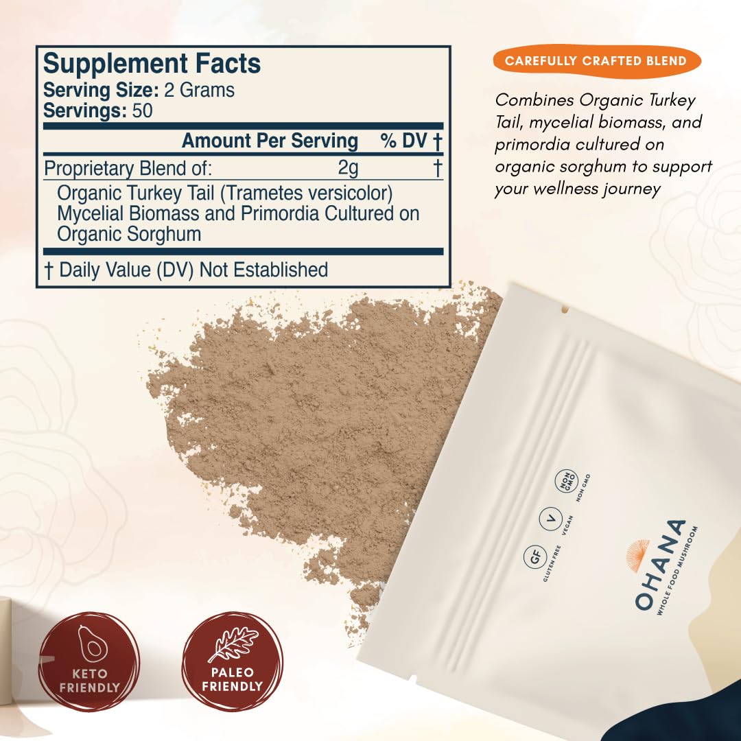 Ohana Mushrooms Turkey Tail Organic Mushrooms Powder Blend, Powder, 3.53 oz
