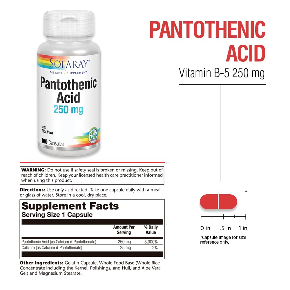 SOLARAY Pantothenic Acid 250mg Vitamin B5 Capsule, 100 Capsules