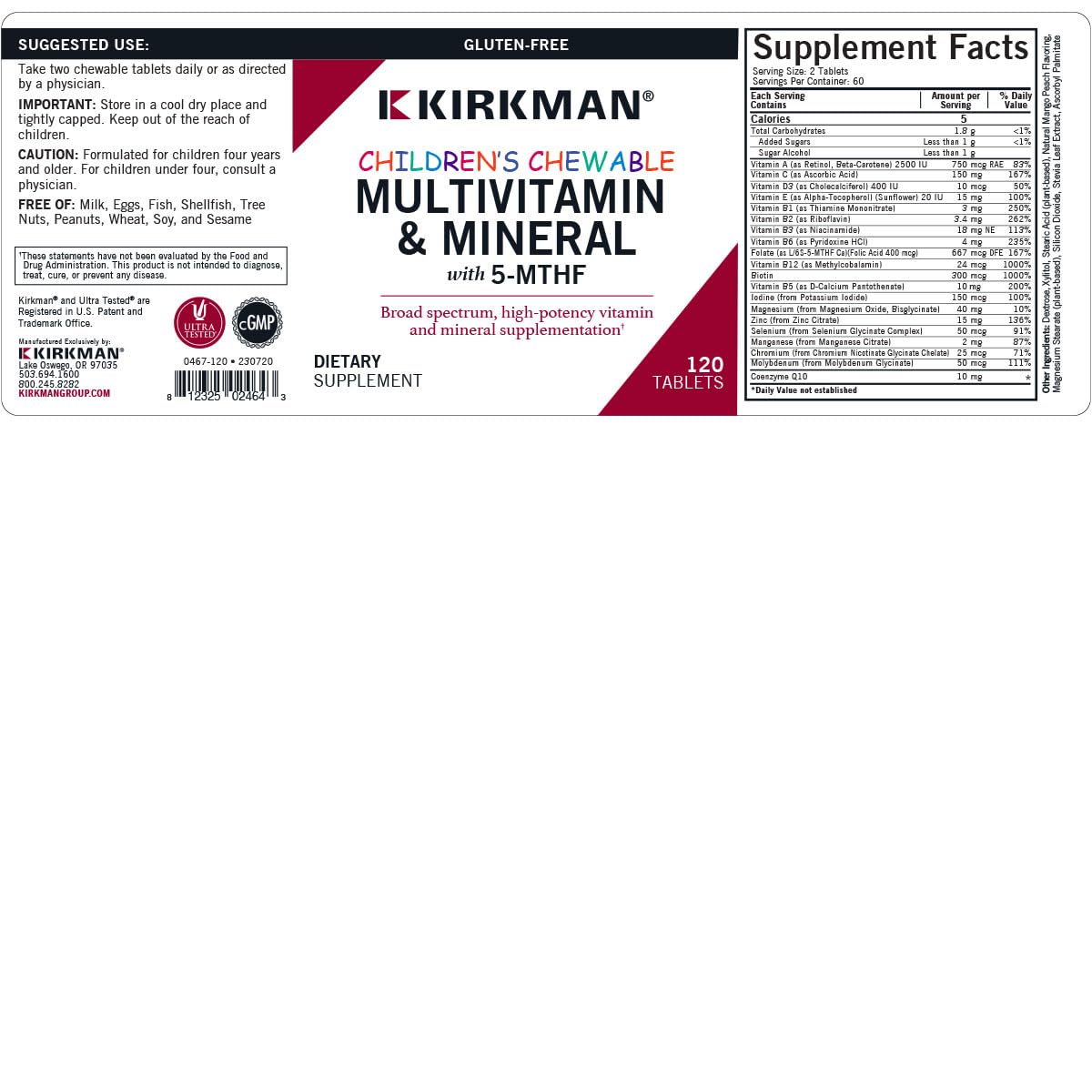 Kirkman Children's Multivitamin & Mineral with 5-MTHF & CoQ10 120 Tablets
