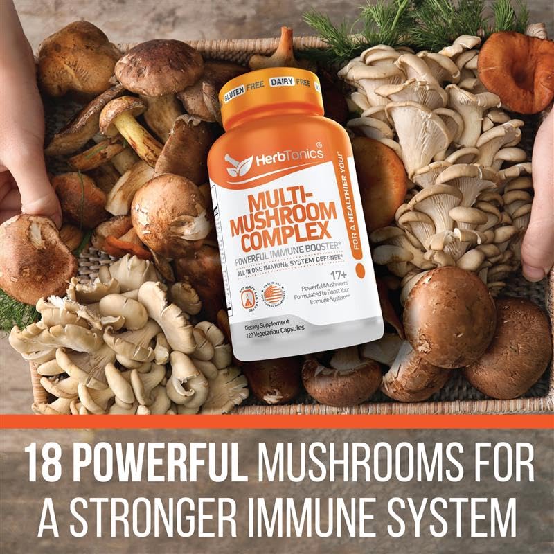 Herbtonics All-in-One Mushroom Supplement for Immune System Support, 120 Capsules