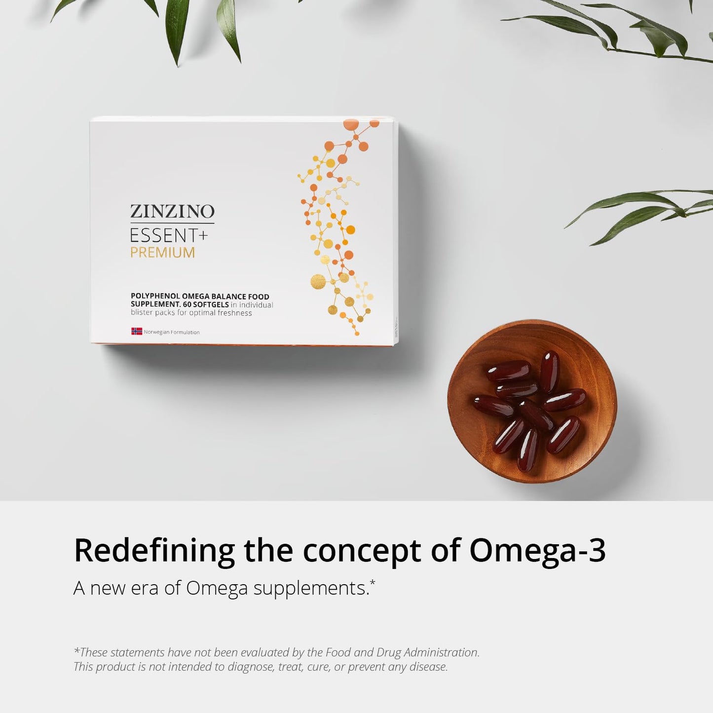 ZINZINO Essent+ Premium, Advanced Polyphenol Omega Balance with Fish Oil, Glycerin, Cold-Pressed Extra Virgin Olive Oil, Vitamin D, 60 Softgels