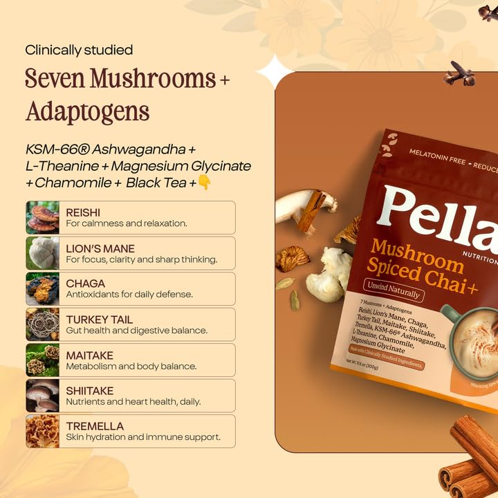 Pella Nutrition Instant Mushroom Spiced Chai Latte for Relaxation Powder 10.6 Ounce