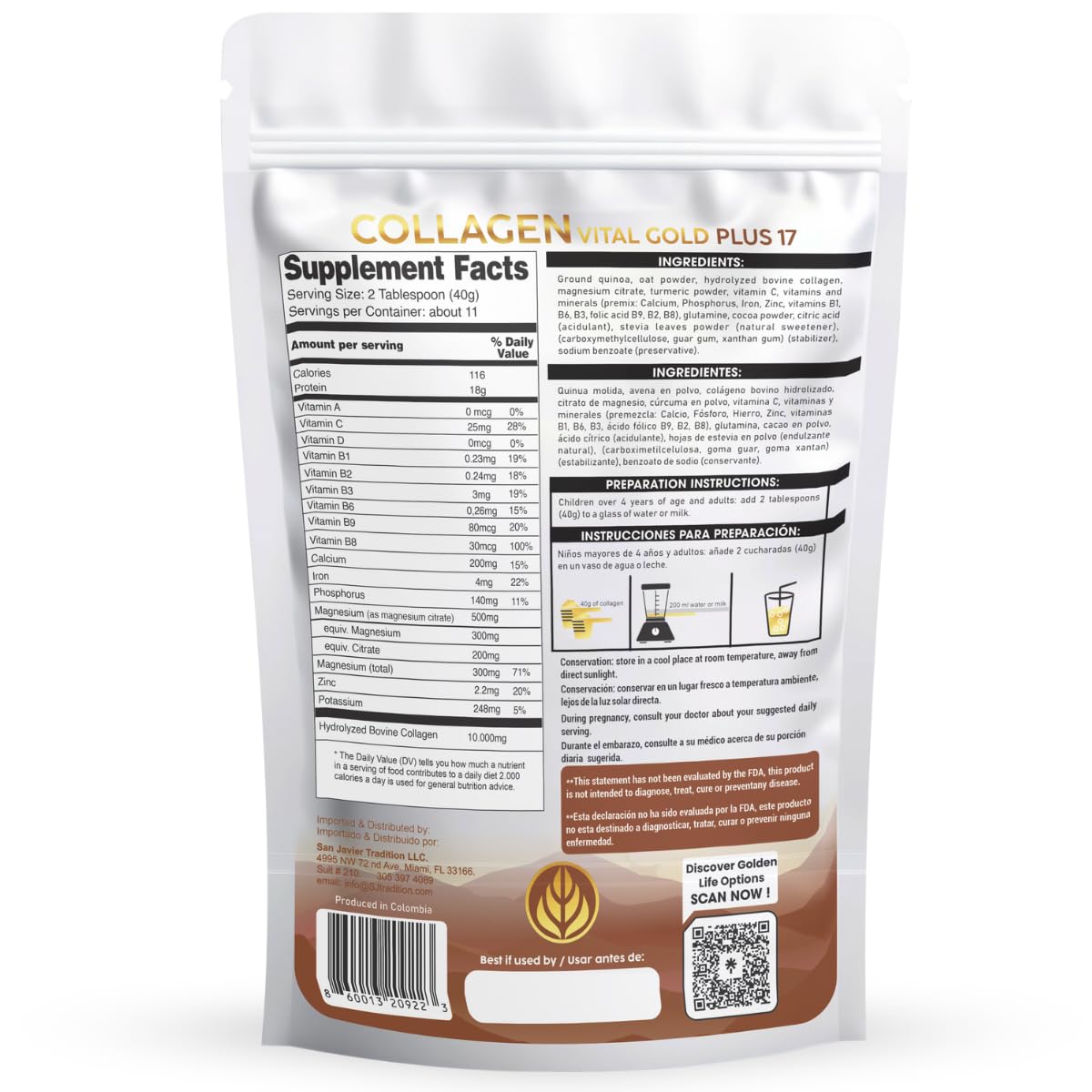 Gold Vital Life Collagen Peptides Powder - Hydrolyzed Collagen with +17 Super Ingredients, 1 lb Cocoa Flavor, Supplement for Healthy Hair, Skin, Nails, Bones, Joints, Collagen for Women & Men, 16 Servings