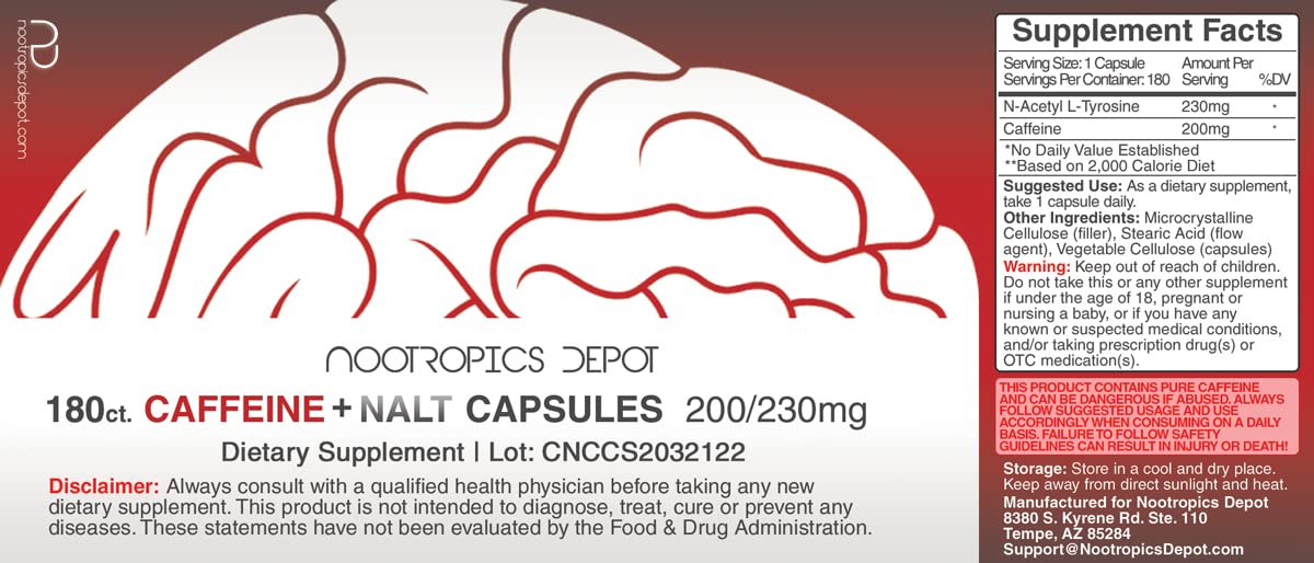 Nootropics Depot Caffeine + N-Acetyl L-Tyrosine Capsules, 180 Count
