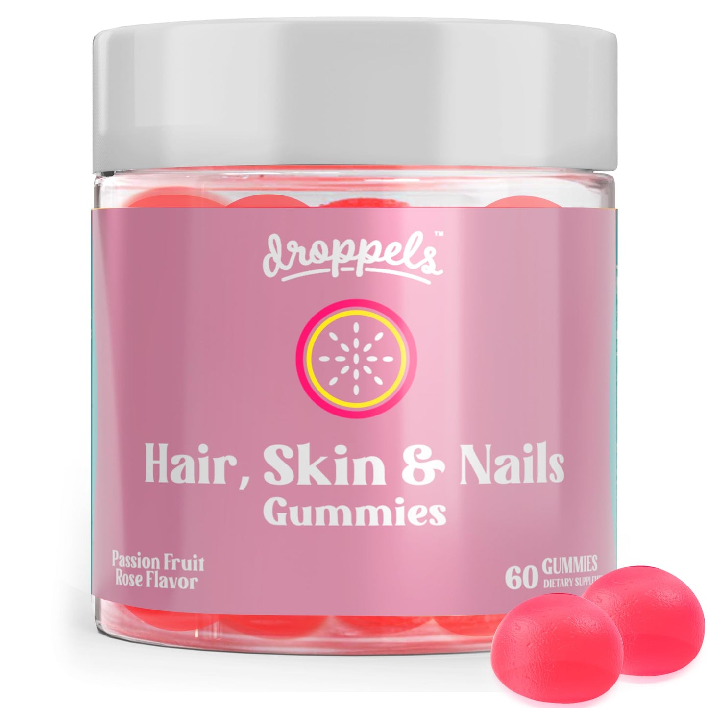 Droppels Hair, Skin and Nails Multivitamin Gummies with Biotin 10,000mcg, Vegan & Pectin-Based, Passion Fruit Rose Flavor, 60 Count