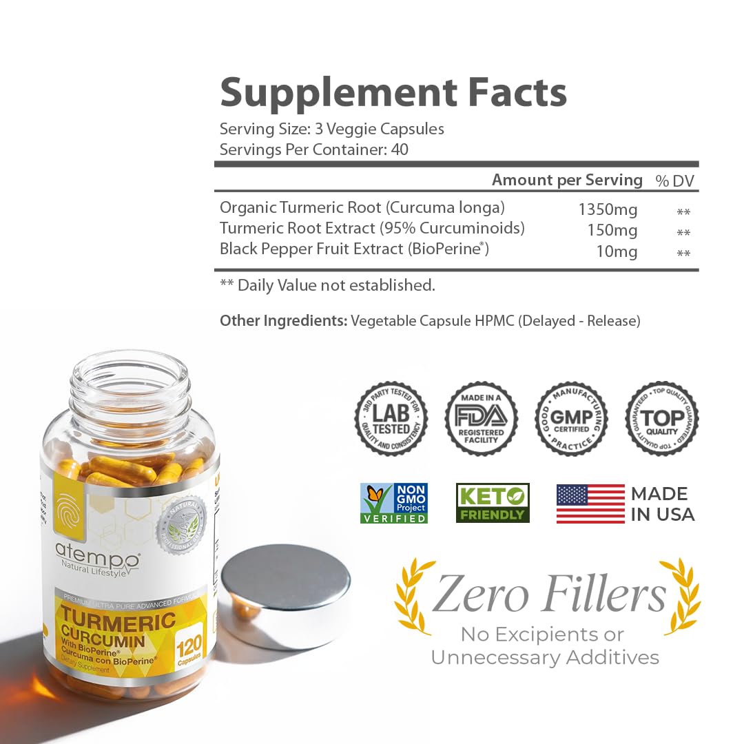 ATEMPO NATURAL LIFESTYLE Turmeric Curcumin Supplement with Black Pepper Extract 1500mg – Absorption, Supports Joint Health – Non-GMO, 120 Vegan Capsules