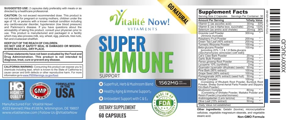 Vitalité Now! Super Wellness Immune Booster Quercetin Immunity Support with 25 Vitamins, Herbs, Superfoods and Mushrooms, Vitamins C and E, Selenium, Turmeric 60 Capsules
