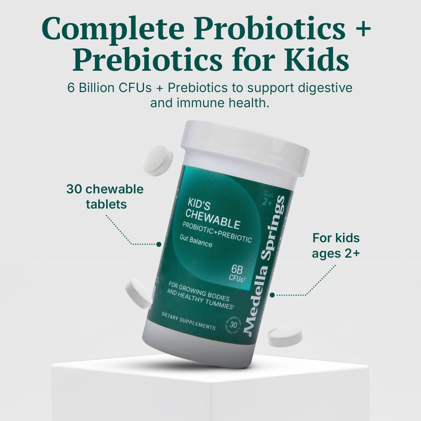 Medella Naturals Kids Probiotic + Prebiotic – 6 Billion CFU Immune and Digestive Support – 30 Tablets
