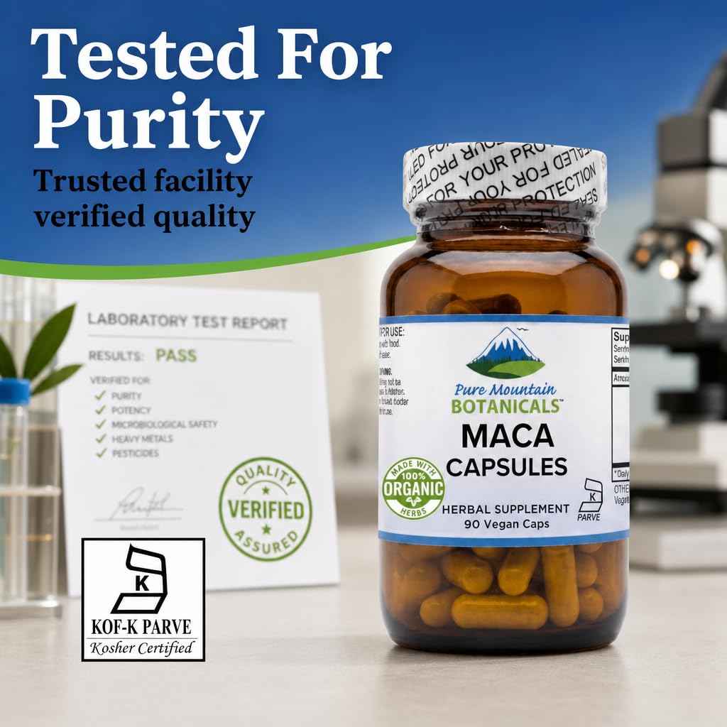 Pure Mountain Botanicals Maca Root Capsules - 1000mg Organic Peruvian Maca - Raw and Gelatinized Blend - 90 Capsules