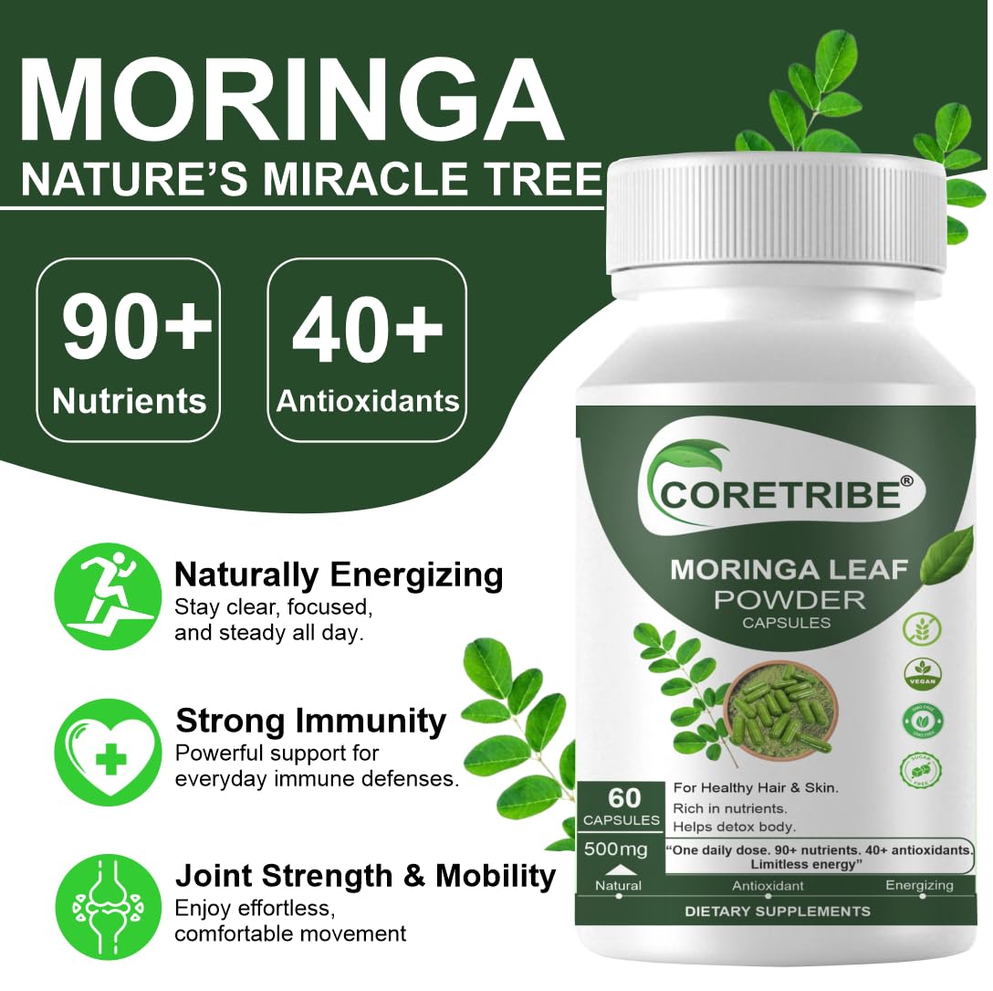 Coretribe Moringa Capsules Daily Greens Superfood for Energy, Satiety, Skin, Hair & Nail Support - Plant-Based, Vegetarian, Vegan Friendly, 1 Pack