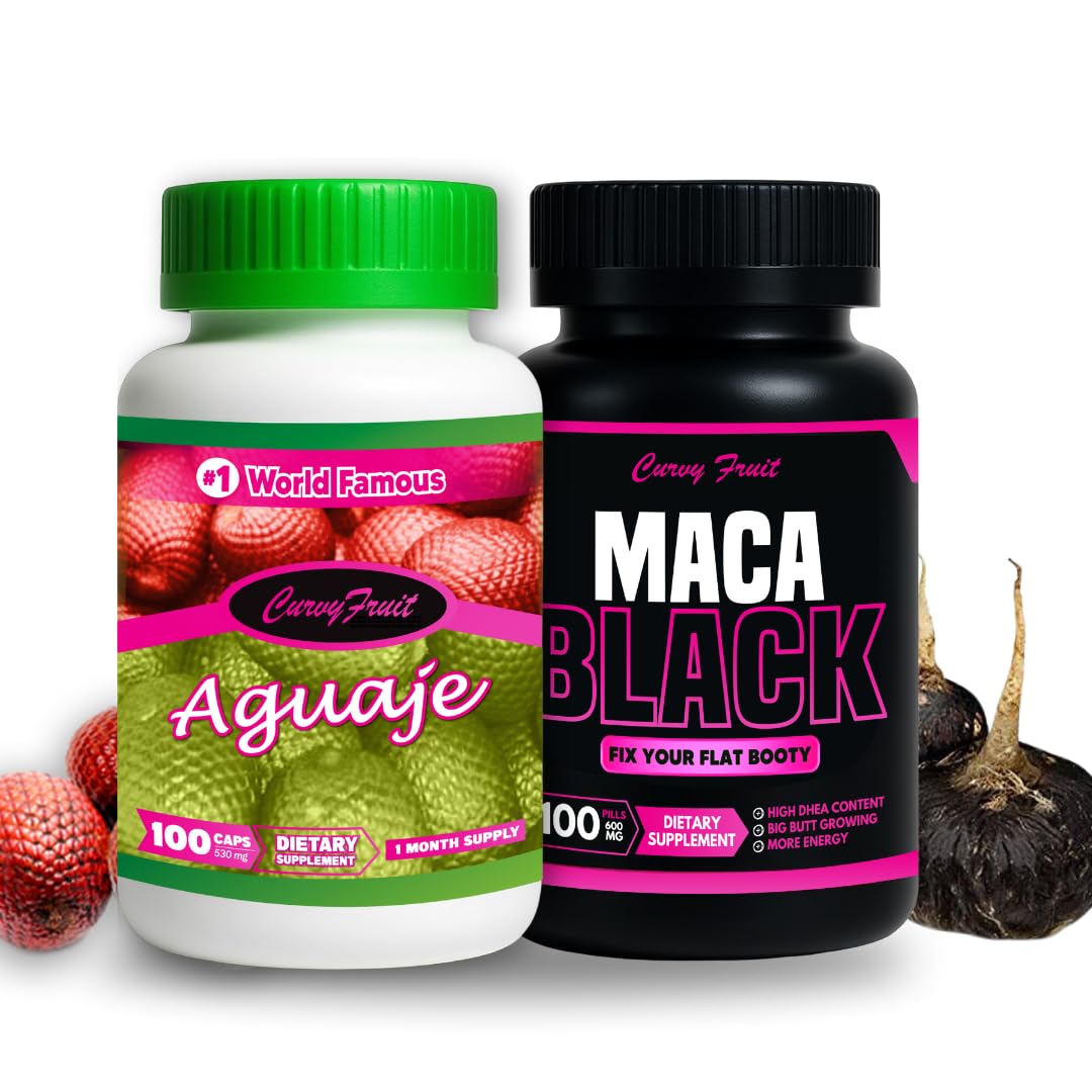 Curvy Fruit Maximum Booty Growth – Aguaje + Black Maca Pills for Women – Glute Volume Enhancer - Black Curvy Pack, 100 Capsules