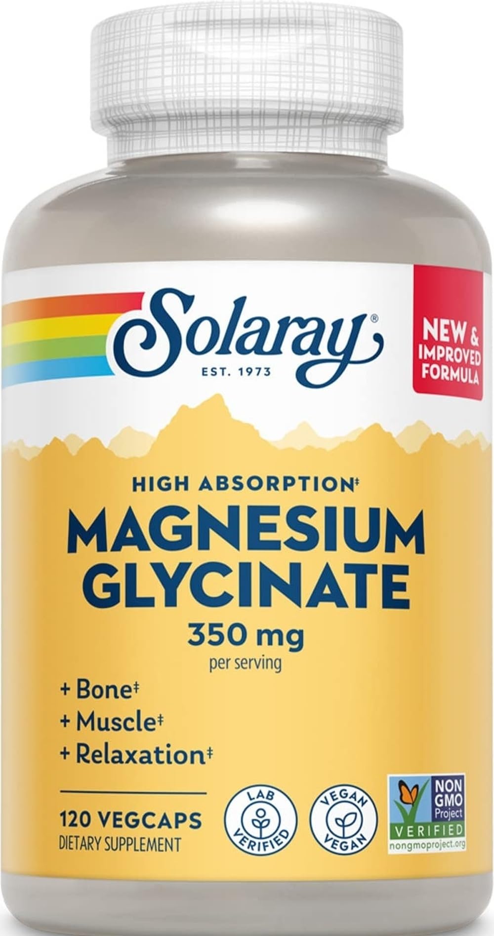 SOLARAY Enhanced Absorption Magnesium Glycinate 350 mg Capsules, 120 Count
