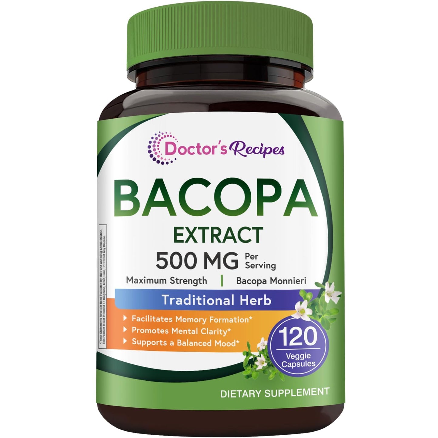 Doctor's Recipes Bacopa Monnieri High Potency Bacopa Supplement 500 mg Non-GMO Support Brain Health, Cognitive Function, Memory, Focus & Calm 120 Capsules