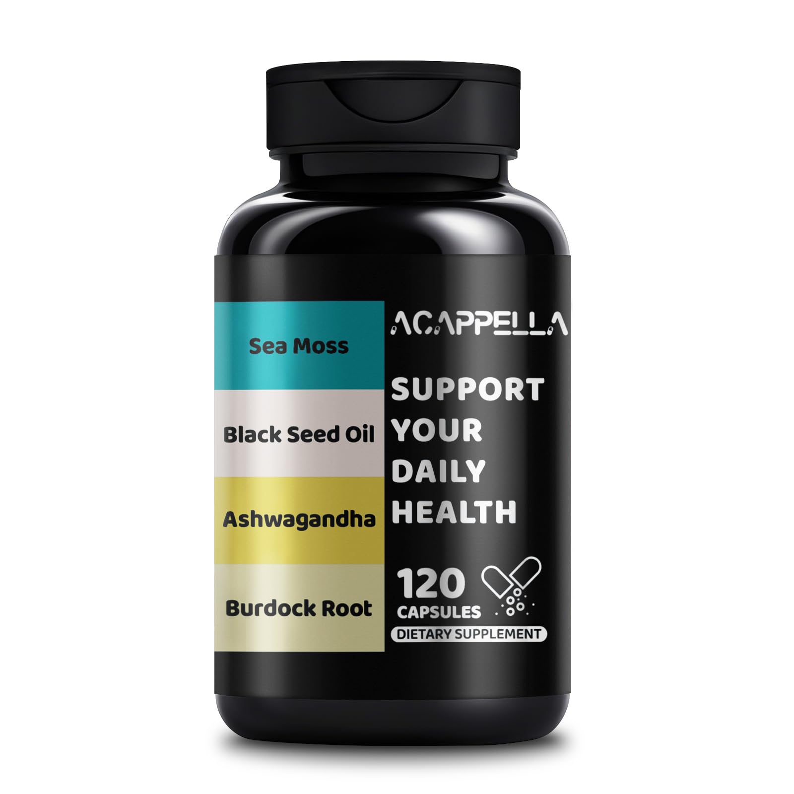 ACAPPELLA Ashwagandha Capsule with Black Seed Oil Capsules Sea Moss Burdock Root Bladderwrack Supplement, 120 Count