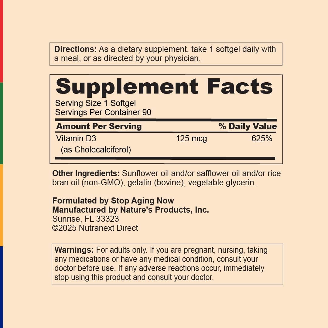 Stop Aging Now D-Pure Vitamin D3 Supplement Capsule 90 Count