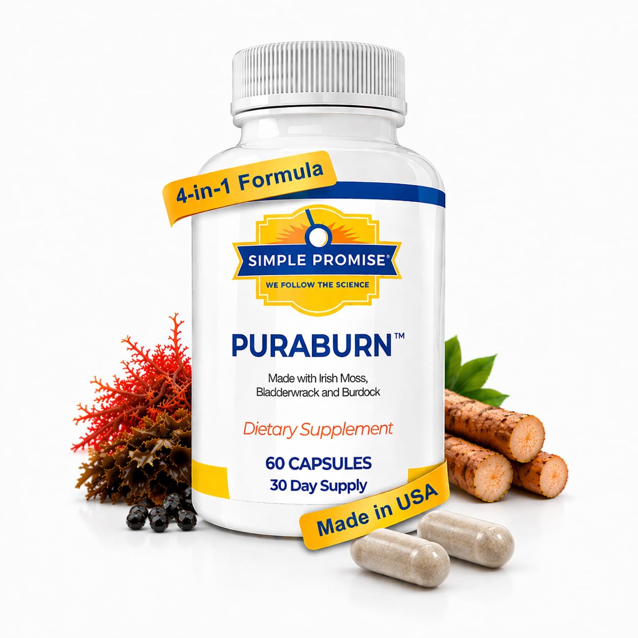 Simple Promise PuraBurn Herbal Wellness Supplement with Organic Irish Sea Moss, Bladderwrack & Burdock Root Capsule, 1 Count