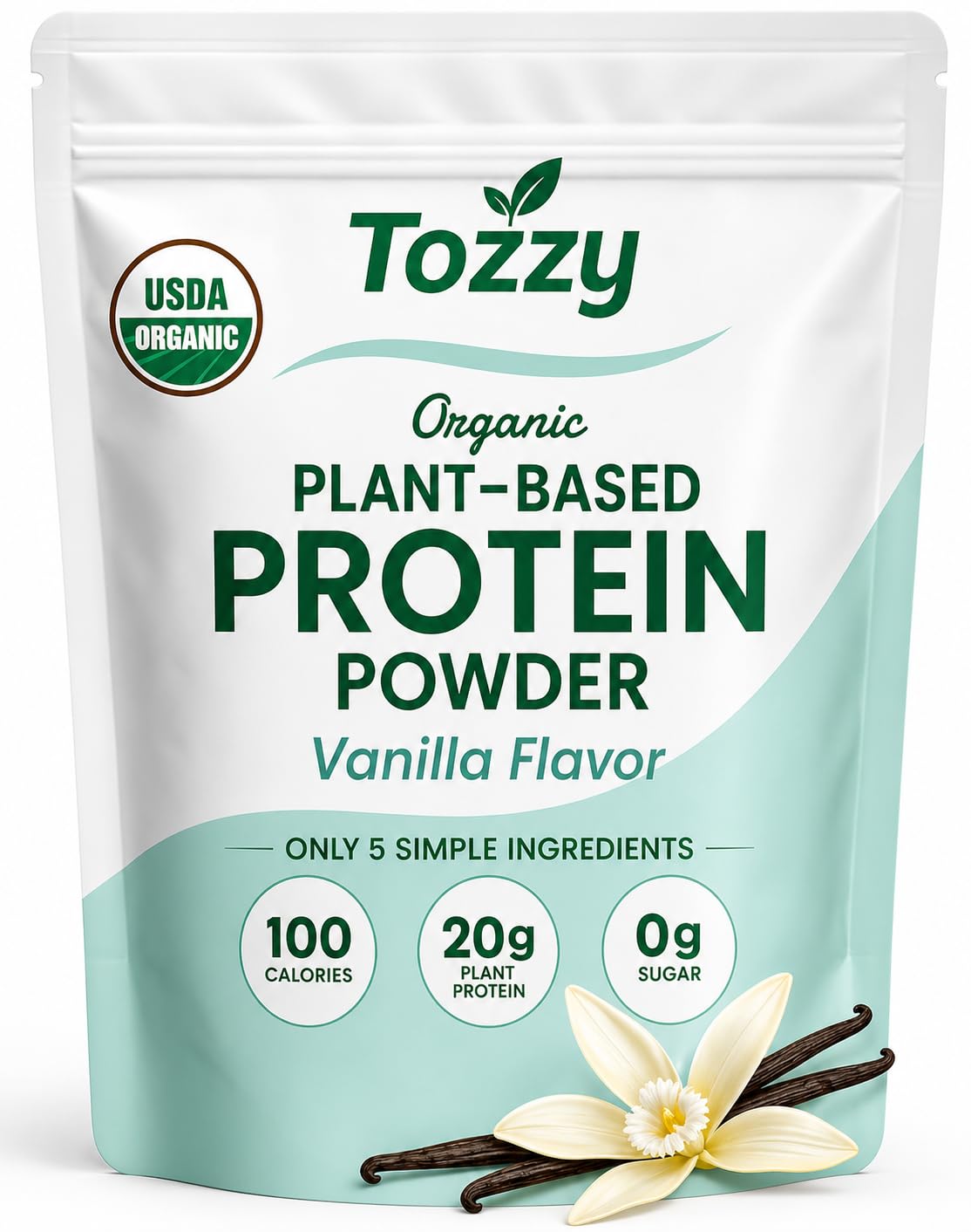 TOZZY Organic Vegan Protein Powder Vanilla, 36 Servings