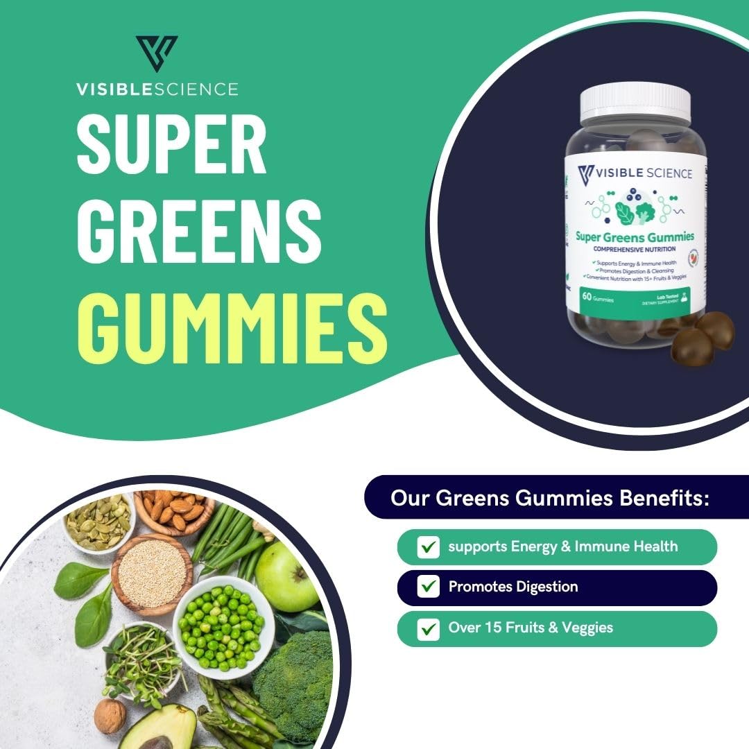 Visible Science Super Greens Gummies – Daily Greens, Superfood & Antioxidant Blend with Vitamins & Probiotics – Energy, Immunity & Digestive Health Support – Strawberry Watermelon Flavor, 60 Gummies