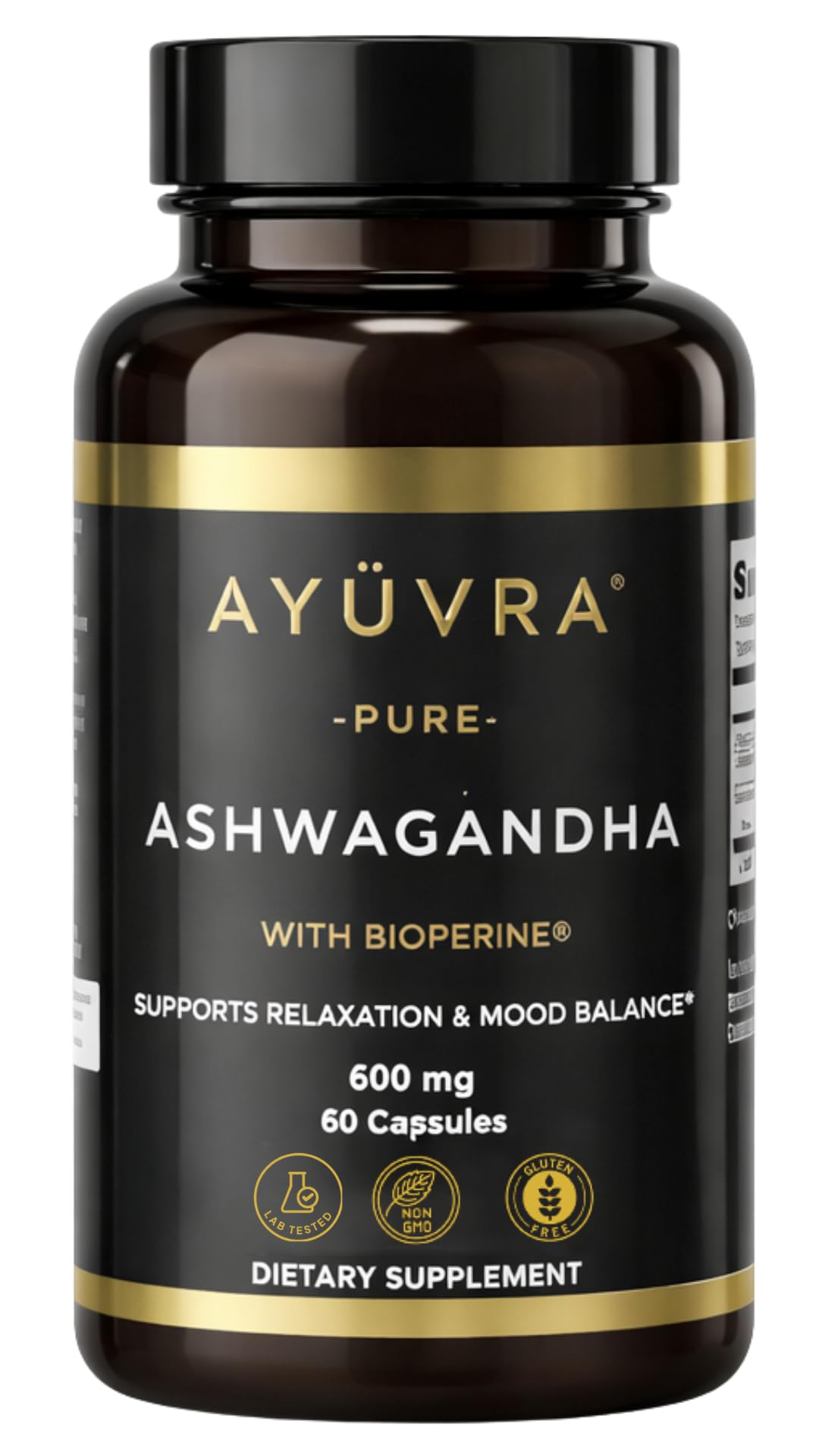 AYÜVRA Ashwagandha Capsules with BioPerine 600mg Root Extract, Stress Support for Mood, Focus & Healthy Cortisol Levels, 60 Capsules