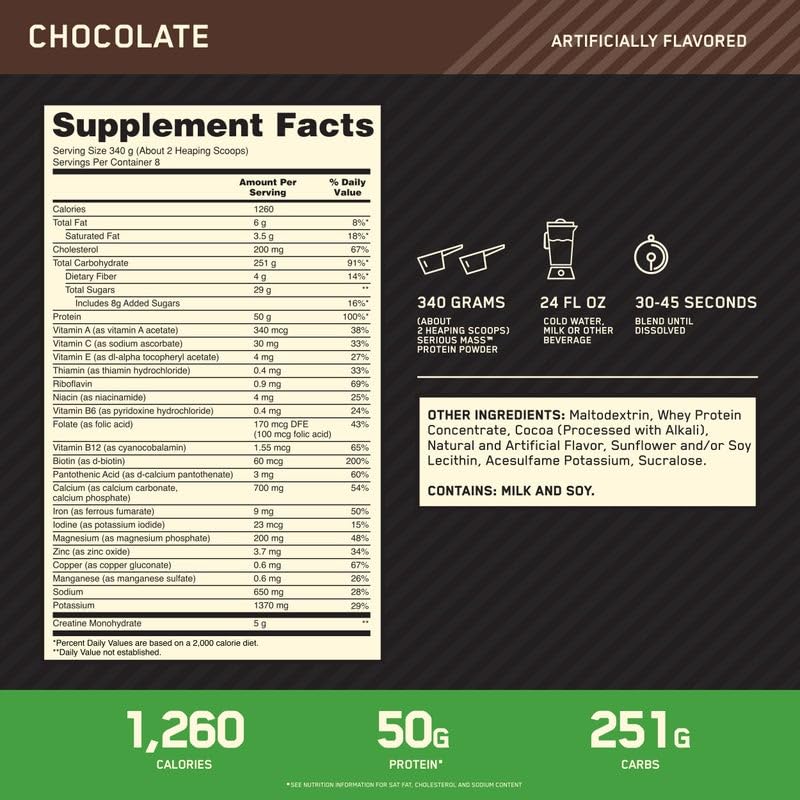 Optimum Nutrition Serious Mass Weight Gainer Protein Powder, 96 Servings