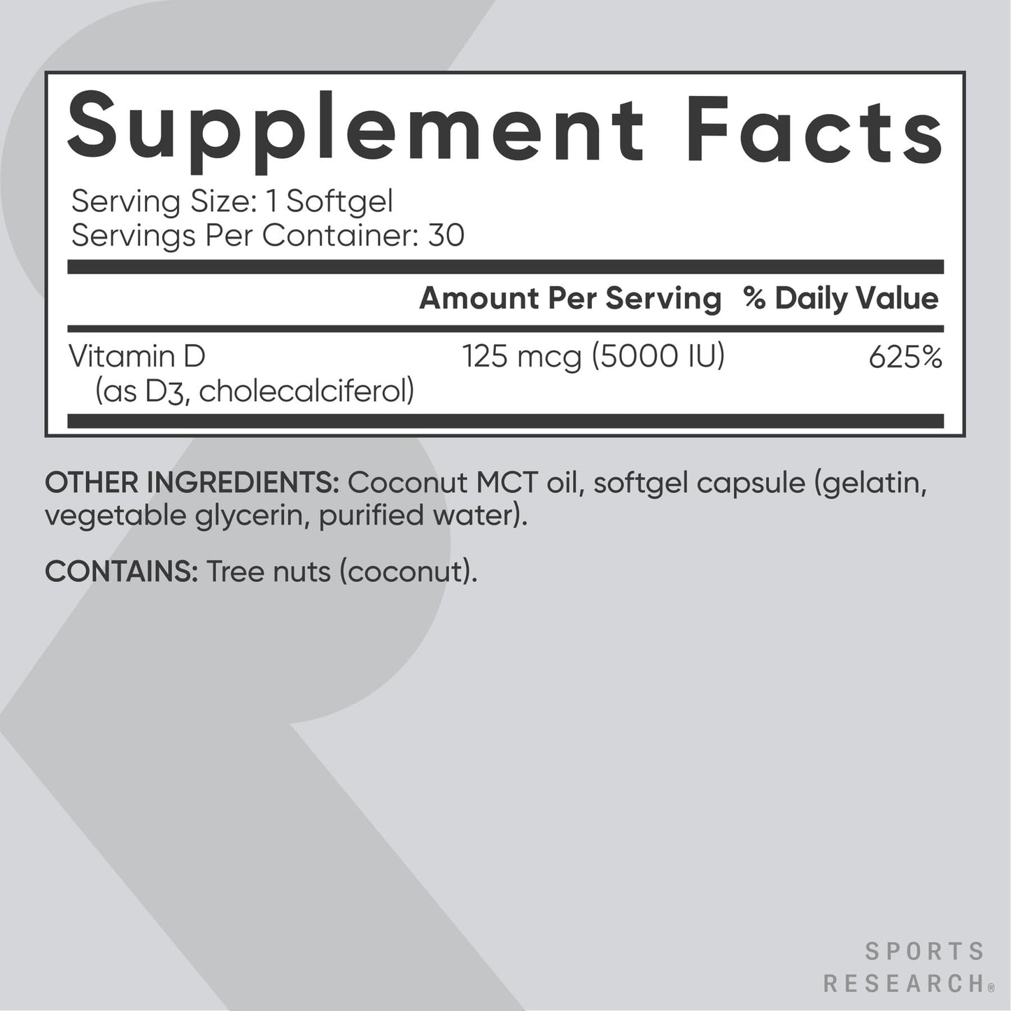 Sports Research Vitamin D3 5000 IU with Coconut MCT Oil Softgels, 60 Count