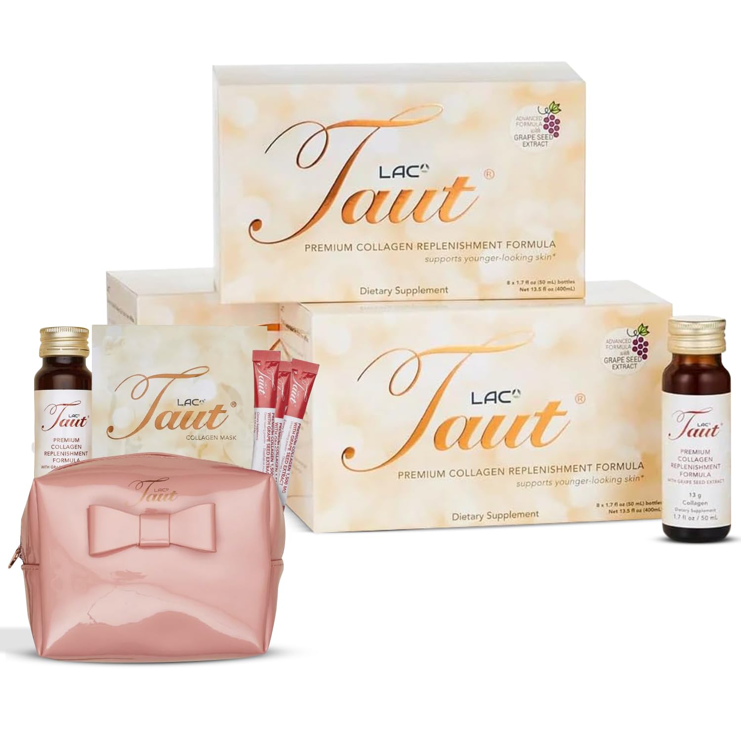 TAUT Marine Collagen Drink 13,000mg Anti-Aging Formula with Collagen Face Mask and 3 Powder Sachets, 1 Bundle