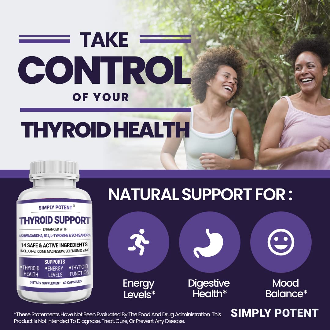 Simply Potent Thyroid Support & Adrenal Support Supplement 2-in-1 Natural Formula with Iodine & Ashwagandha, 60 Capsules