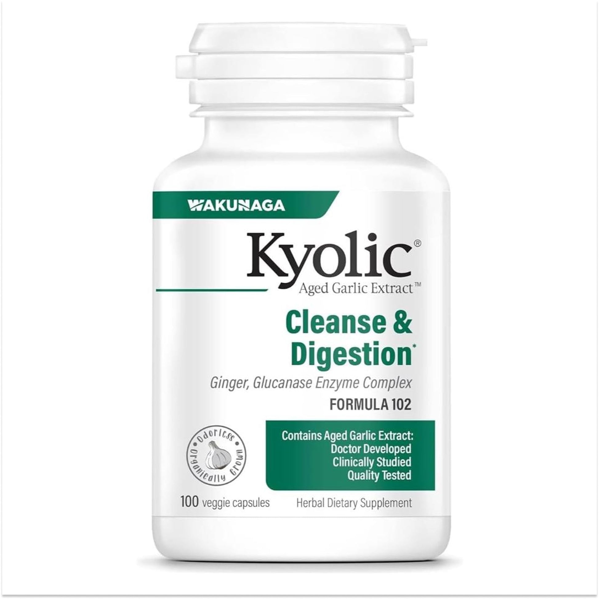 Kyolic Aged Garlic Extract Formula 102 - Cleanse & Digestion - Supports GI Cleansing & Healthy Intestinal Function* - Ginger, Glucanase, Lipase & Protease Capsules, 100 Count