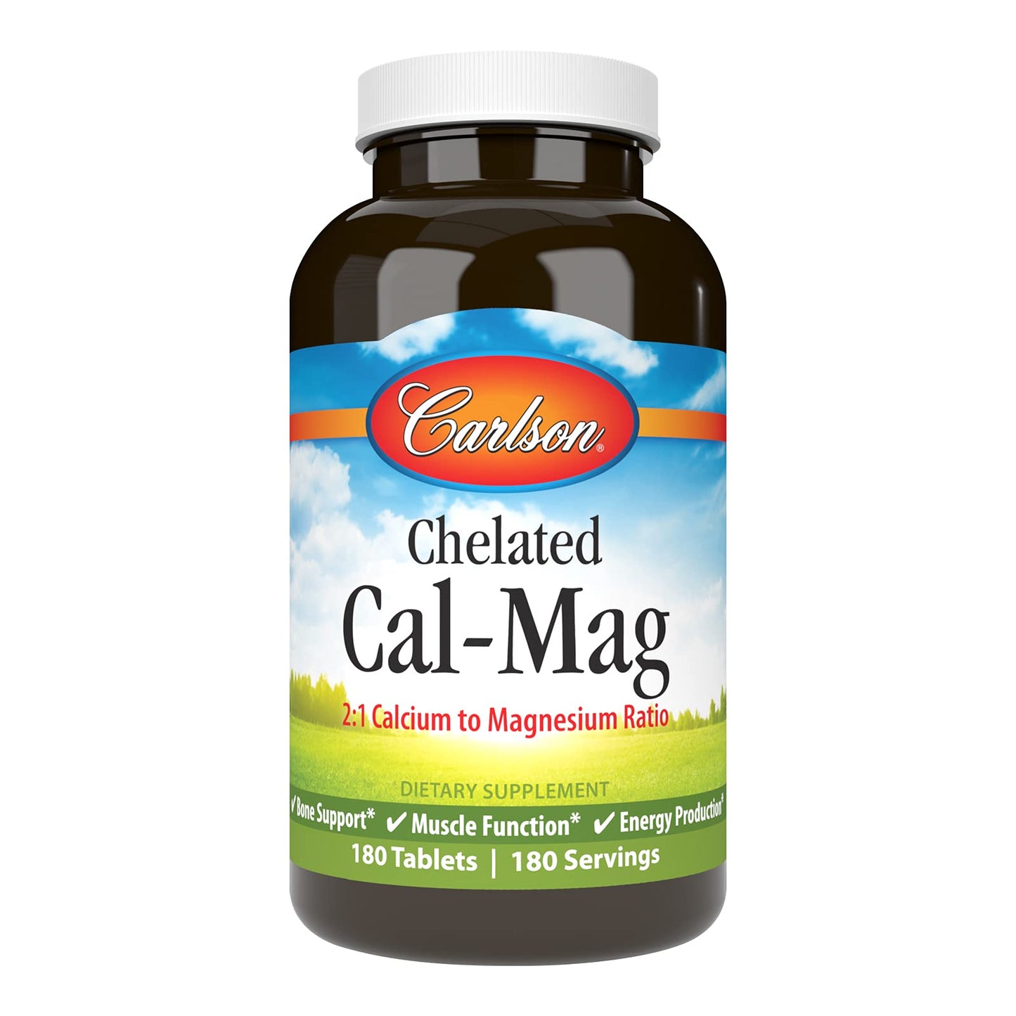 Carlson Chelated Cal-Mag 2:1 Calcium to Magnesium Ratio, Bone Support, Muscle Function & Energy Production, 180 Tablets