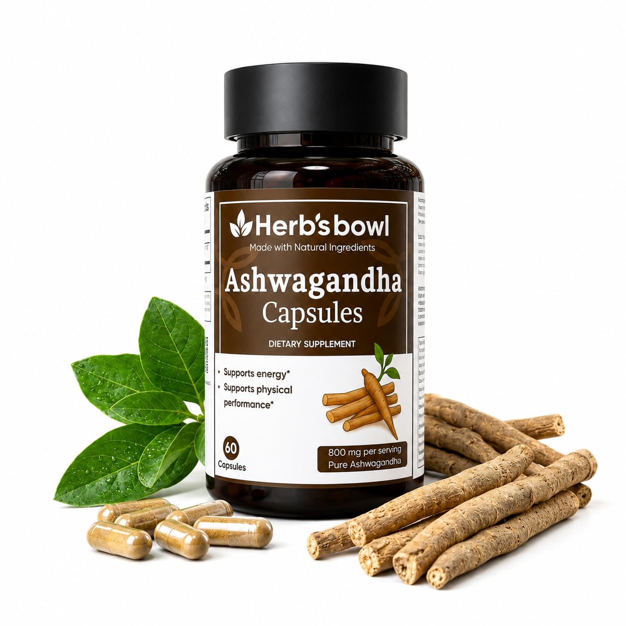 Herb'sbowl Organic Ashwagandha Capsules 800 mg per Serving, 60 Capsules