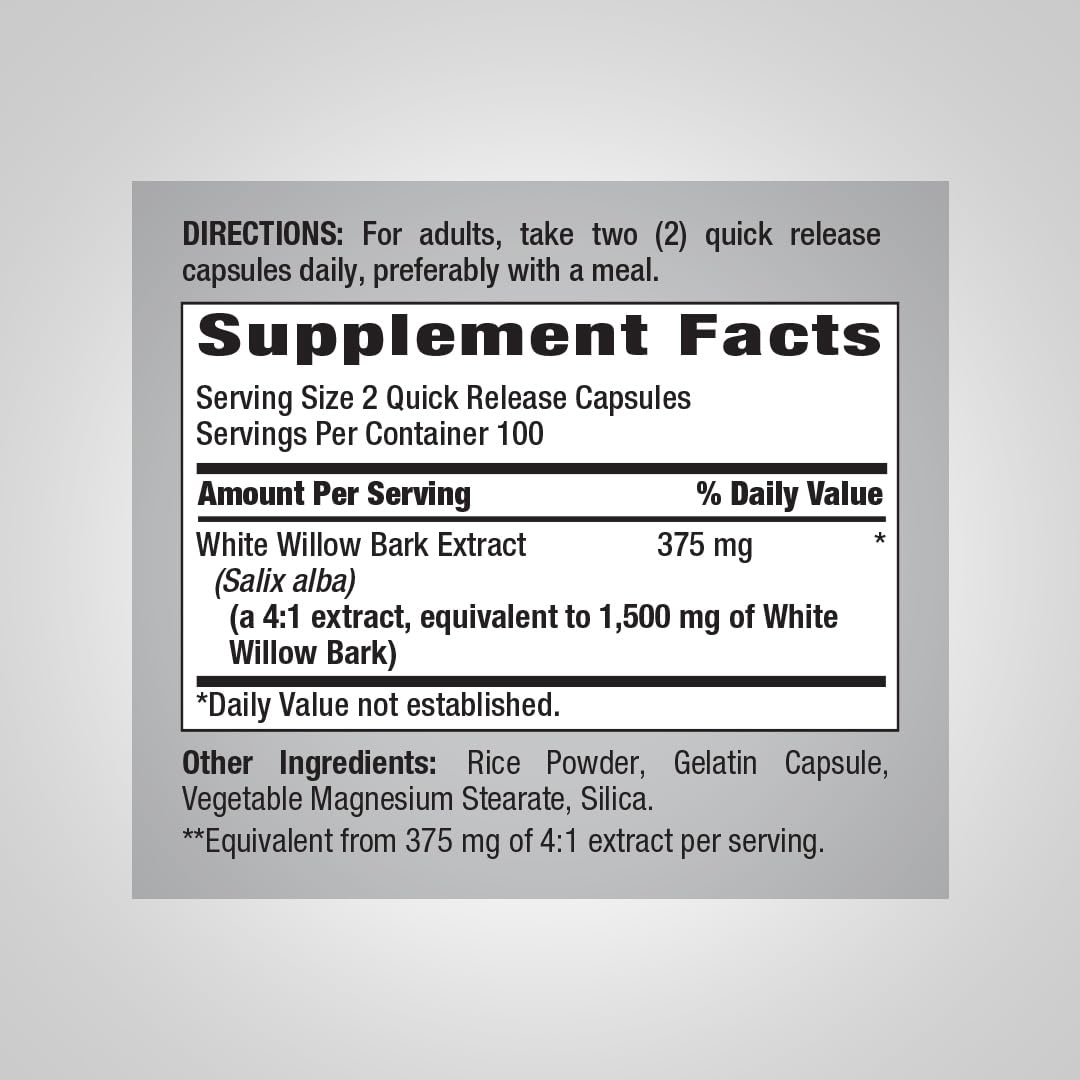 Piping Rock White Willow Bark Capsules, 200 Count