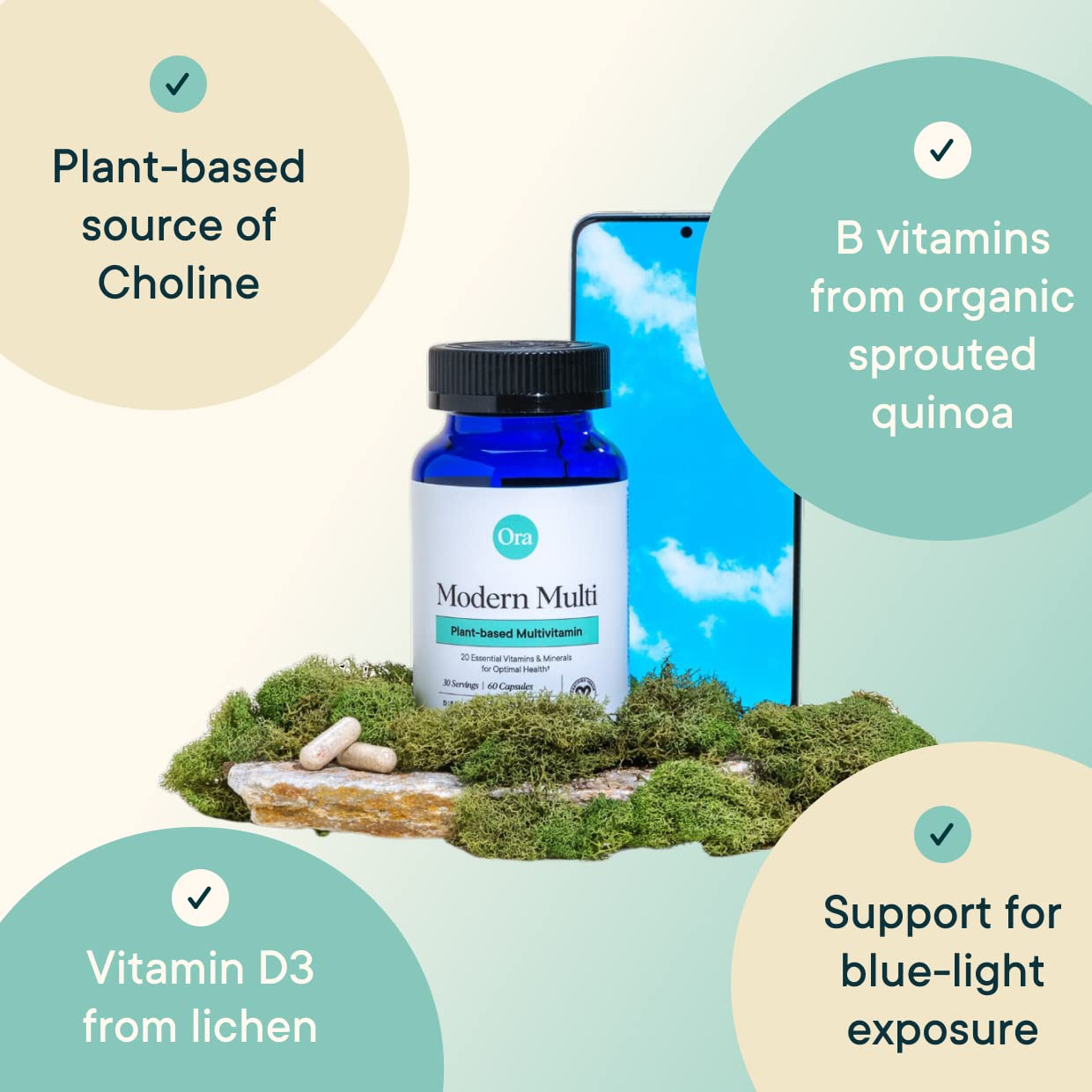 Ora Organic Plant Based Multivitamin for Women and Men, Bluelight Protection, Brain, Eye, Energy, Immune, Skin, Hair, Heart, and Bone Health Support, 60 Capsules