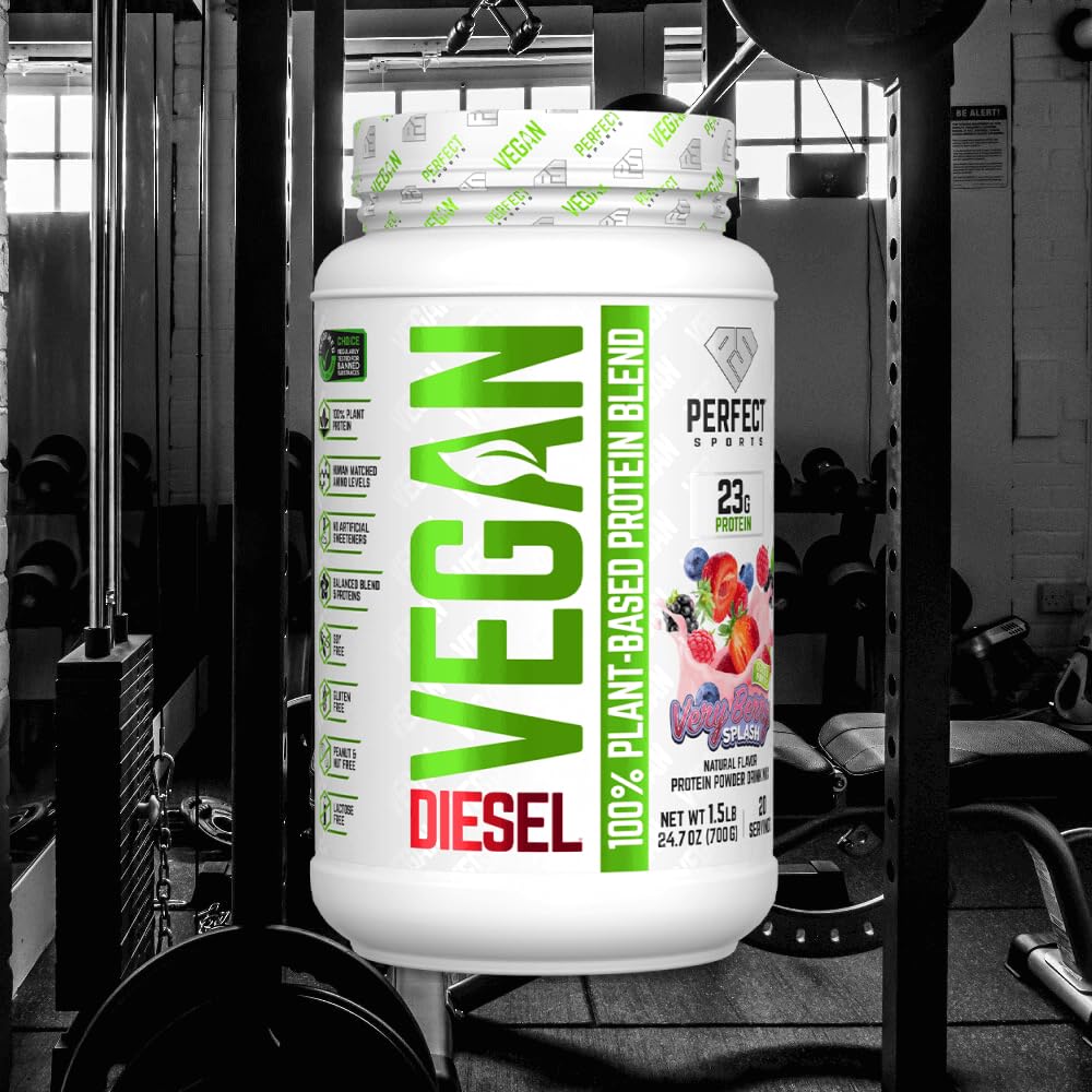PERFECT SPORTS Vegan Diesel 100% Plant Based Protein Powder, 24 Servings, Very Berry Splash